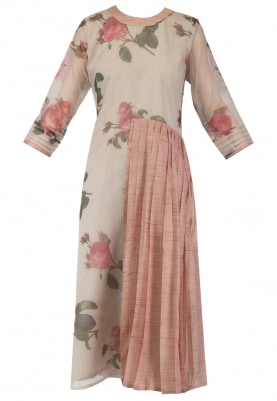 Pink and Light Grey Pleated Halfway Long Dress