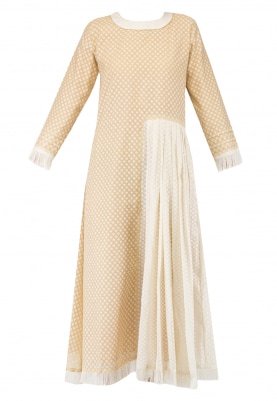 Off White and Beige Pleated Halfway Long Dress