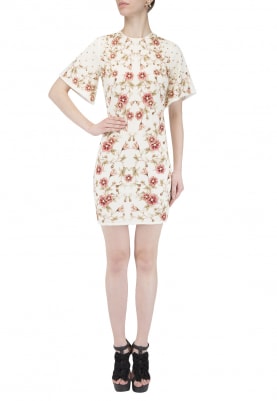 White Rose Print Embroidered Dress
