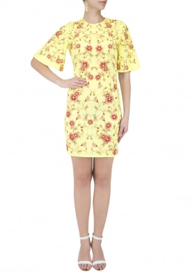 Yellow Rose Print Embroidered Dress