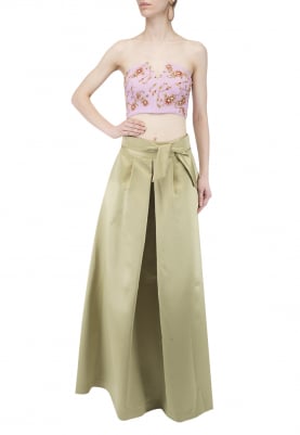 Mauve Rose Print Embellished Corset with Olive Green Skirt
