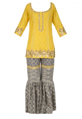 Sunflower Yellow Embroidered Short Kurta with Gharara Set