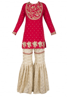 Crimson Red Embroidered Short Kurta with Gharara Set