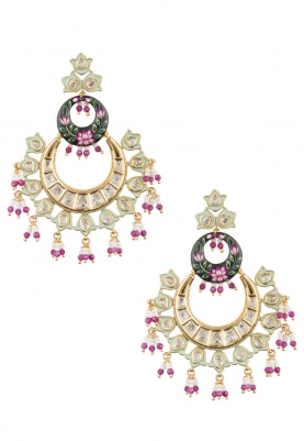 Gold Plated Kundan, Blue and Pink Enamelled Earrings