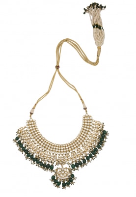 Gold Plared Kundan and White Beads Studded Bridal Necklace Set