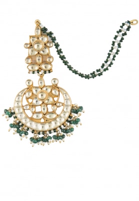 Gold Finish Kundan and Pearl Beads Chandbali Earrings