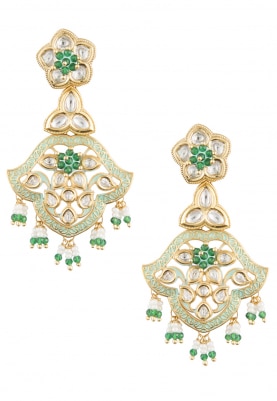 Gold Finish Kundan and Mint Green Enamelled Chandbali Earrings