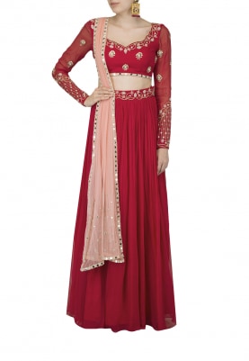 Rose Red Blouse & Skirt with Dupatta