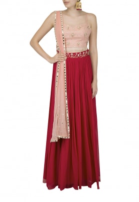 Rose Red Skirt with Blush Pink Crop Top and Dupatta