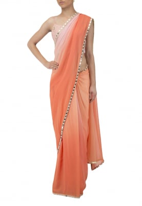 Blush Pink Crop Top, with Ombre Tangerine Saree