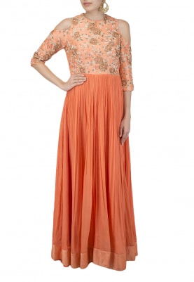 Fresh Coral Ros Embroidered Gown