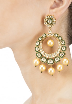 Gold Plated Kundan and Green Enamel Chandbali Earrings