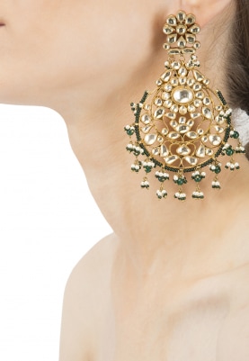 Gold Plated Kundan and Green Beads Chandbali Earrings