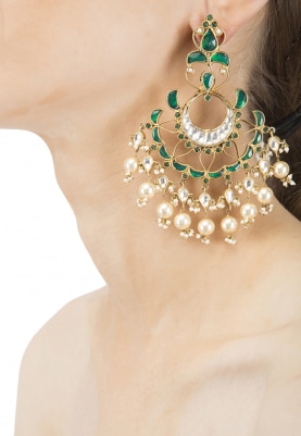 Gold Plated Kundan and Green Stone Chandbali Earrings