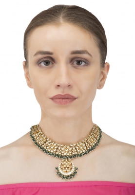 Gold Plated Kundan and Green Beads Necklace Set