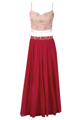 Rose Red Skirt with Blush Pink Crop Top and Dupatta