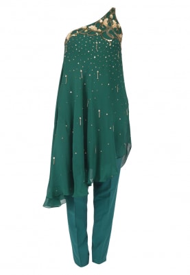 Teal Nouveau Embroidered One Shoulder Tunic with Straight Fit Pants and Dupatta