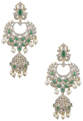 22k Gold and Rhodium Finish White Sapphires and Emerald Stone Earrings