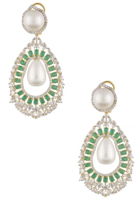 22k Gold and Rhodium Finish White Sapphires and Emerald Earrings