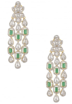 Rhodium and Gold Finish White Sapphires and Emerald Earrings