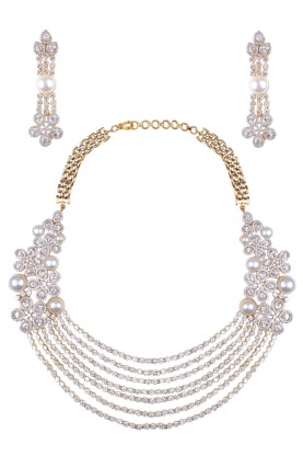 Rhodium and 22k Gold Finish White Sapphires and Pearls Necklace