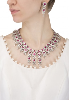 Rhodium Finish Ruby and White Sapphire Necklace
