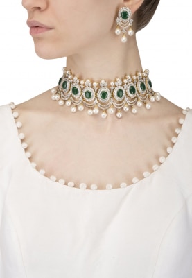 Rhodium and 22k Gold Finish Emerald and White Sapphire Necklace
