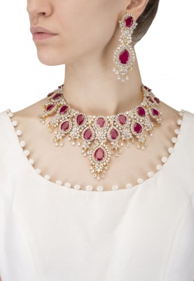22k Gold Finish Red Ruby and White Sapphire Bridal Necklace
