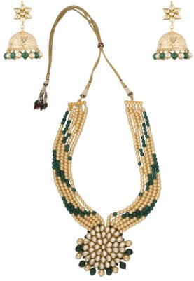Gold Finish Kundan Studded Pendant with Green Beads Necklace Set