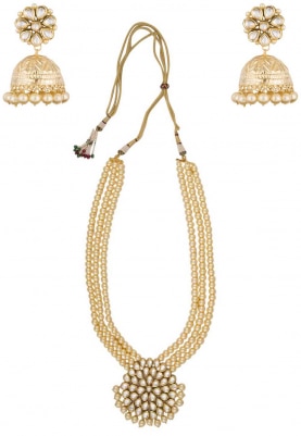 Gold Finish Kundan Studded Circular Pendant Pearls Necklace Set