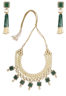 Gold Finish Kundan and Emerald Stone Three Layer Necklace Set