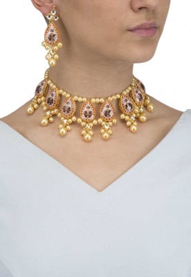 Gold Finish Floral Enamel and Pearl Necklace Set