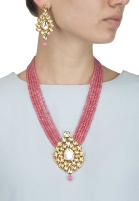Gold Finish Kundan Pendant with Pink Bead Strings Necklace Set