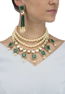 Gold Finish Kundan and Emerald Stone Three Layer Necklace Set