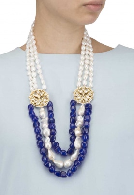 Gold Finish Pearls and Blue Stone Necklace