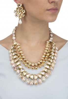 Gold Finish Kundan and Pearl Stones Necklace Set