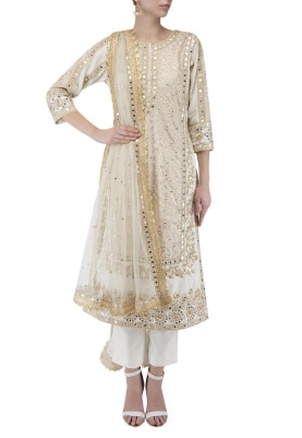 Ivory Havy Work Embroidered Kurta, Cigratte Pants and Worked Dupatta