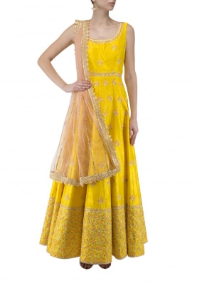 Yellow Anakali with Resham and Sequin Embroidery, Churidar and Pink Dupatta