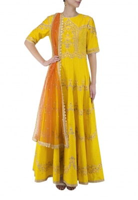 Yellow Embroidered Anarkali with Churidar and Coral Dupatta