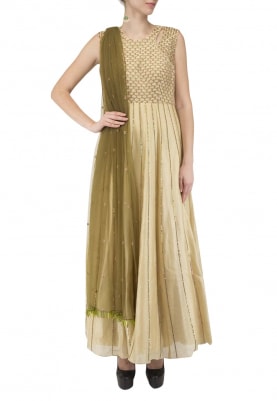 Yellow-Olive Gown with Jaal Work On Bodice Along with Line Work On Attached Kali