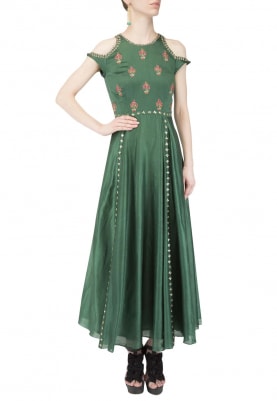 Green Gown with Drop Sholder with Sequin, Dabka and Zari Work All-Over Bodice