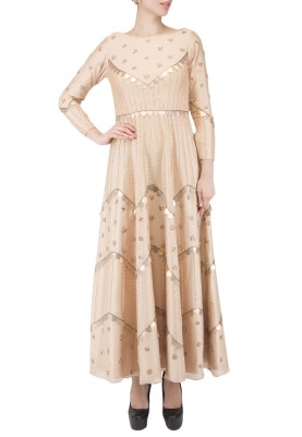 Peach Nude Kalidar Gown with Sequin Work All-Over Hand Embroidered In Pattern