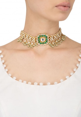 Gold Plated White and Green Stones Thin Choker Necklace