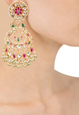 Gold Plated Pink and Green Chandbaali Earrings