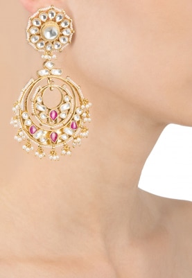 Gold Plated Pink and White Chandbali Earrings