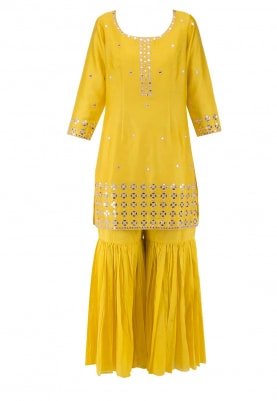 Yellow Kurta with Mirror Work All-Over Paired with Gharara Pants and Mirror Work Butti Dupatta
