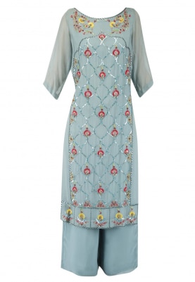 Blue Kurta Set with Contrast Colot Embroidery On Center Front Panel