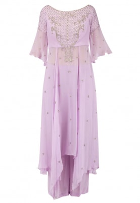 Lilac Kurta Set with Embroidery On Neckline and Cheeta Work All-Over