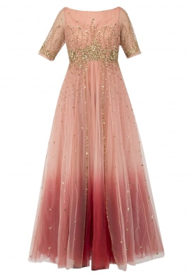 Peach Maroon Ombre Shaded Gown with Hand Embroidery On Waistline