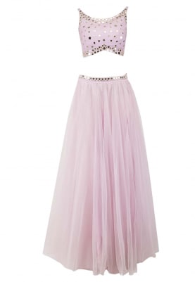 Lilac Skirt and Top with Mirror Work All-Over Choli and Belted Waist Band Of Skirt